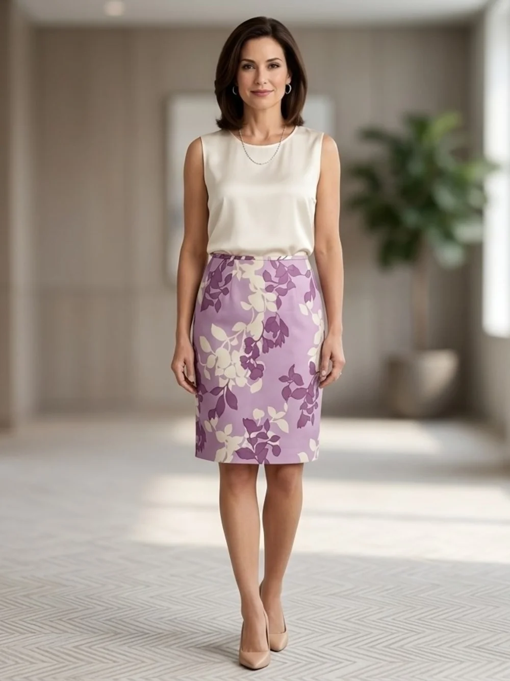 Amanda Smith Floral Pencil Skirt in Lavender and Cream 100%silk Size 12 90s‎